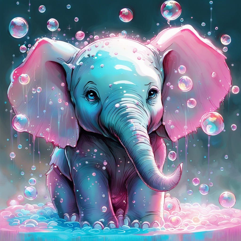 Baby Elephant's Magical Bath in Bioluminescent Oasis