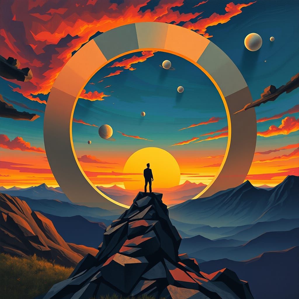 A Lone Figure Contemplates Cosmic Wonder in Vibrant Cubist L...