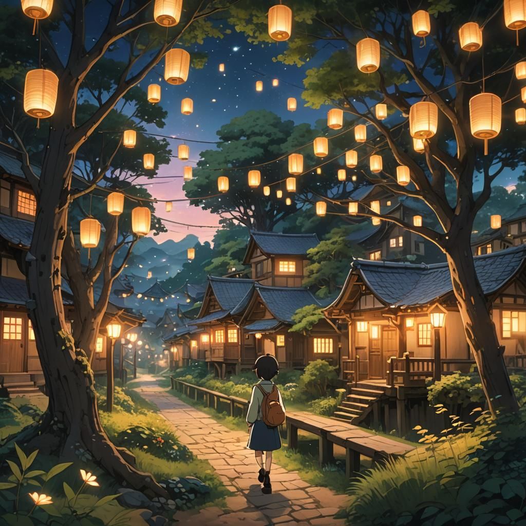 Anime Forest Village with Fireflies and Lanterns