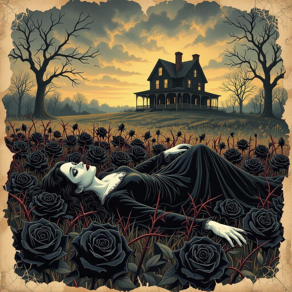 Ethereal Figure in Black Rose Field