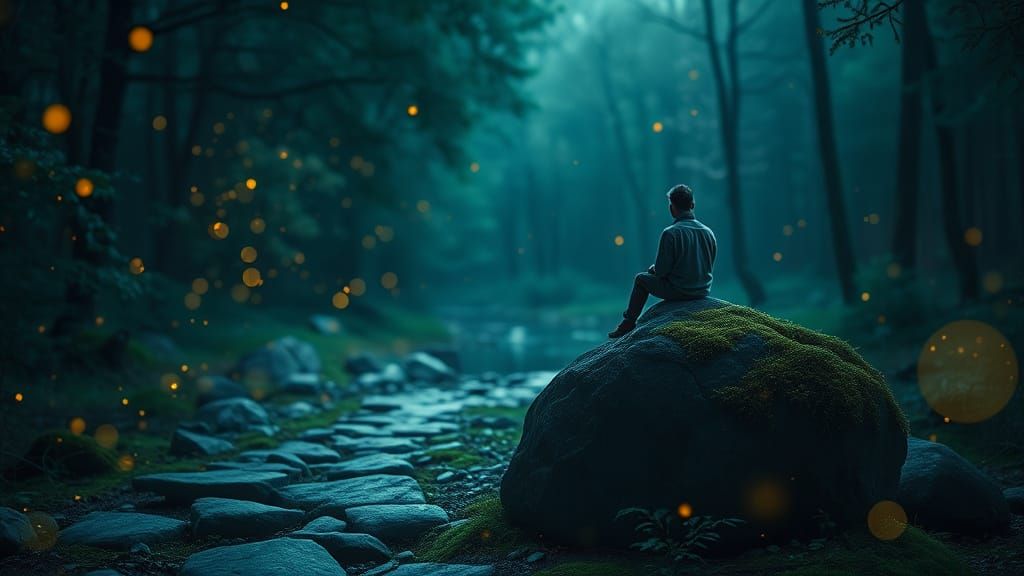 Serene Forest Scene with Fireflies and Contemplative Figure