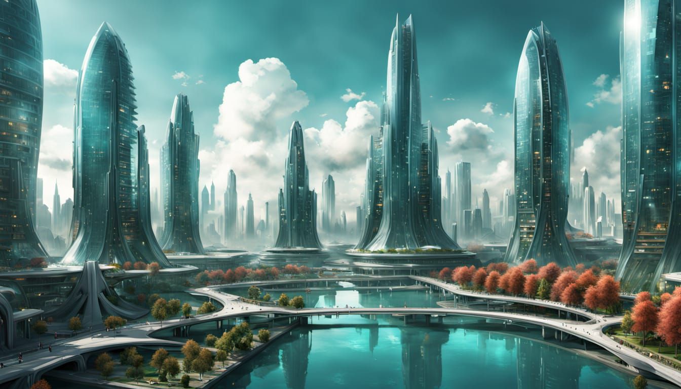 Solarpunk Cityscape with Lotus Megastructure