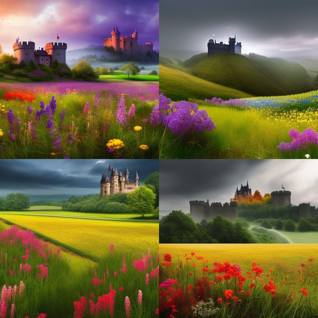 Sad Flower Meadow with Castle in Fantasy Art