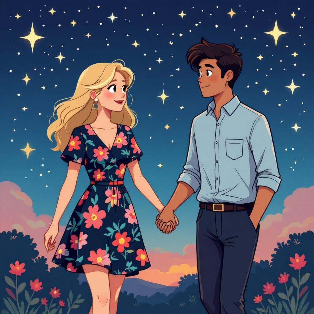 Romantic Couple Under Stars in 2D Cartoon Style