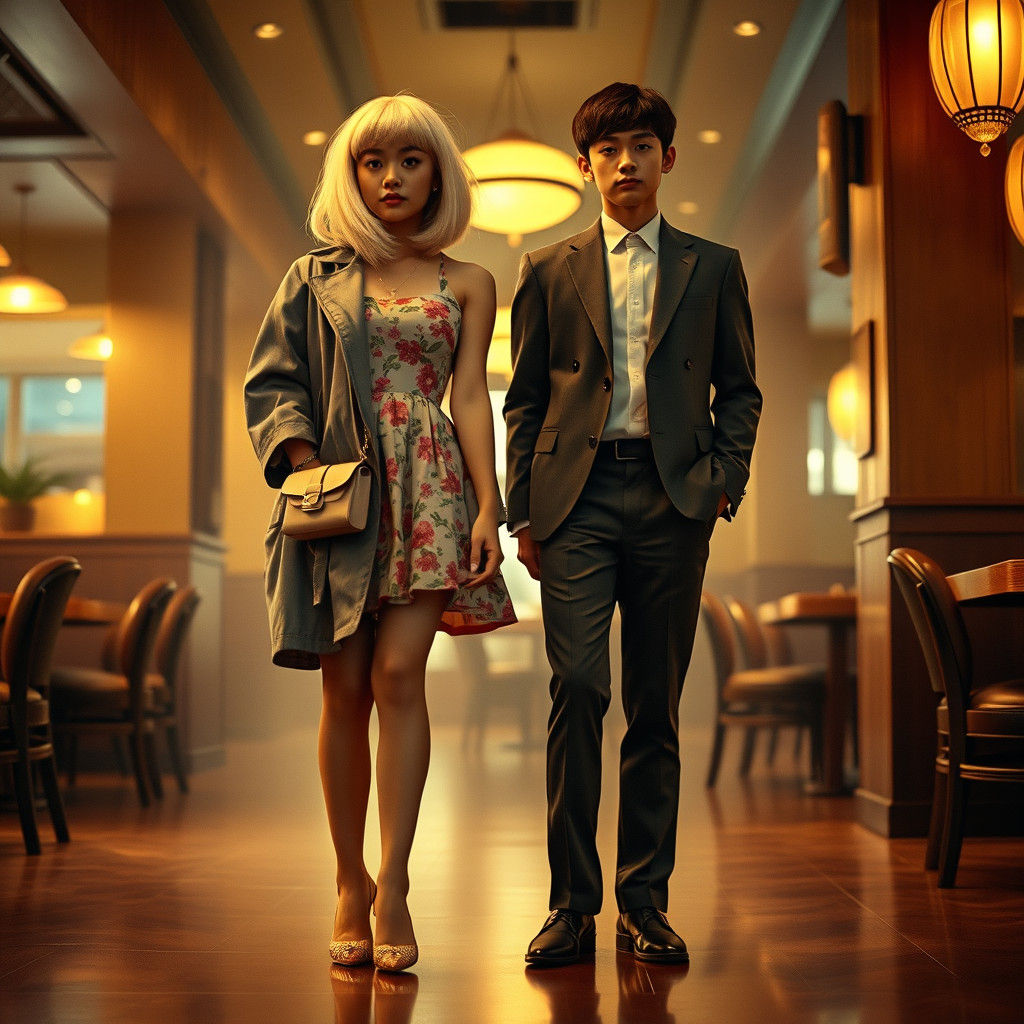 Crossdressing Boy and Woman in Suit: Cinematic Restaurant Sc...