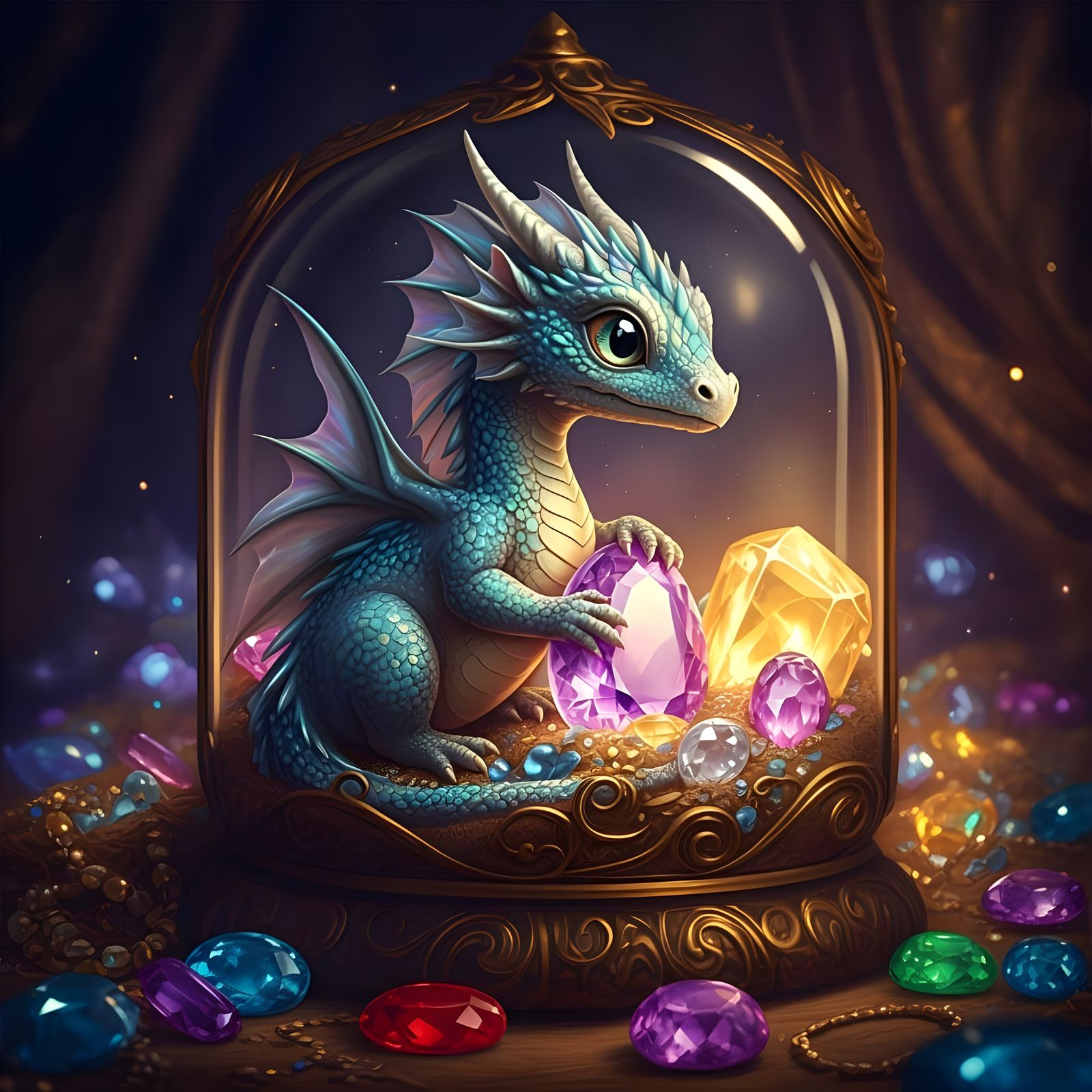 Whimsical Baby Dragon in a Treasure Trove