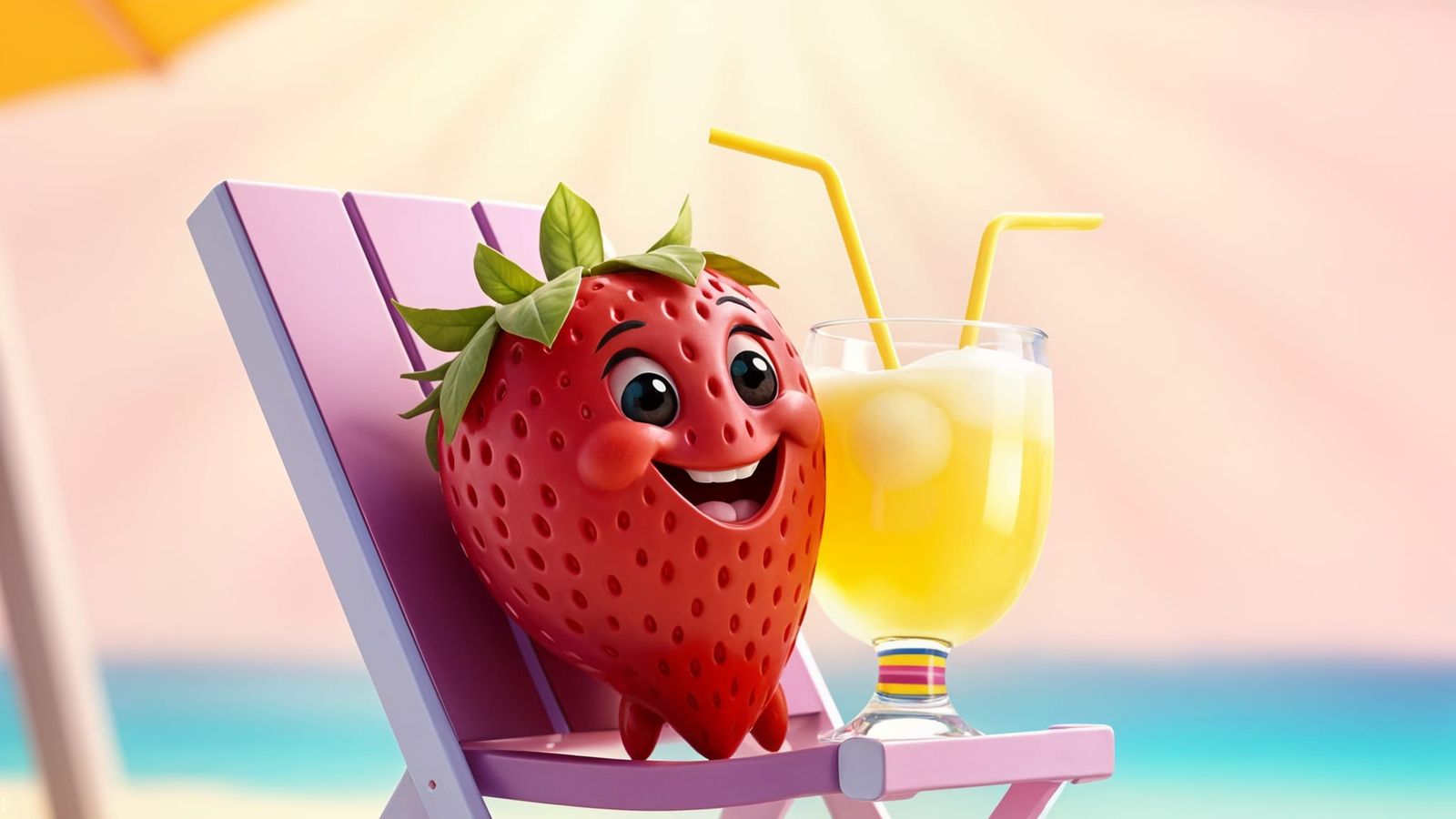 Cute Strawberry Enjoying Lemonade on a Sunny Beach