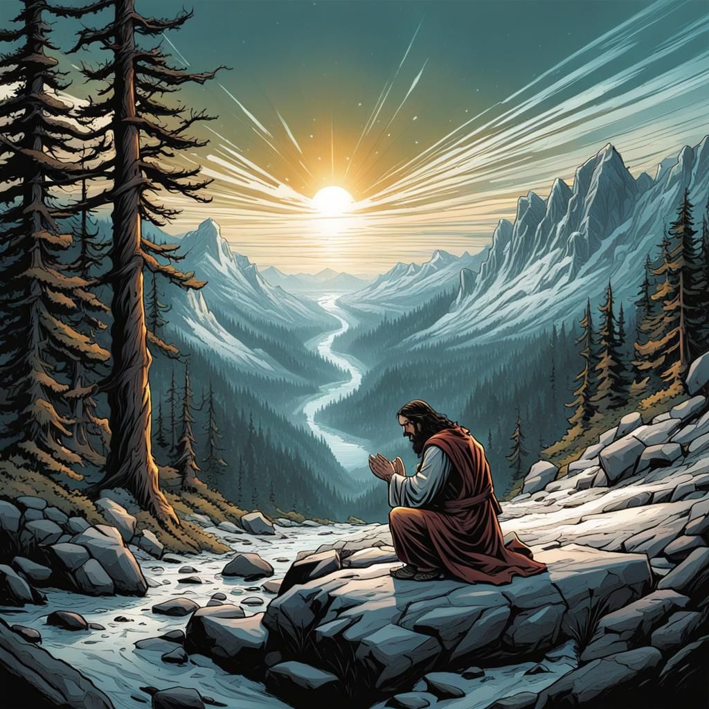 Jesus Praying in Canadian Wilderness: Comic Book Art