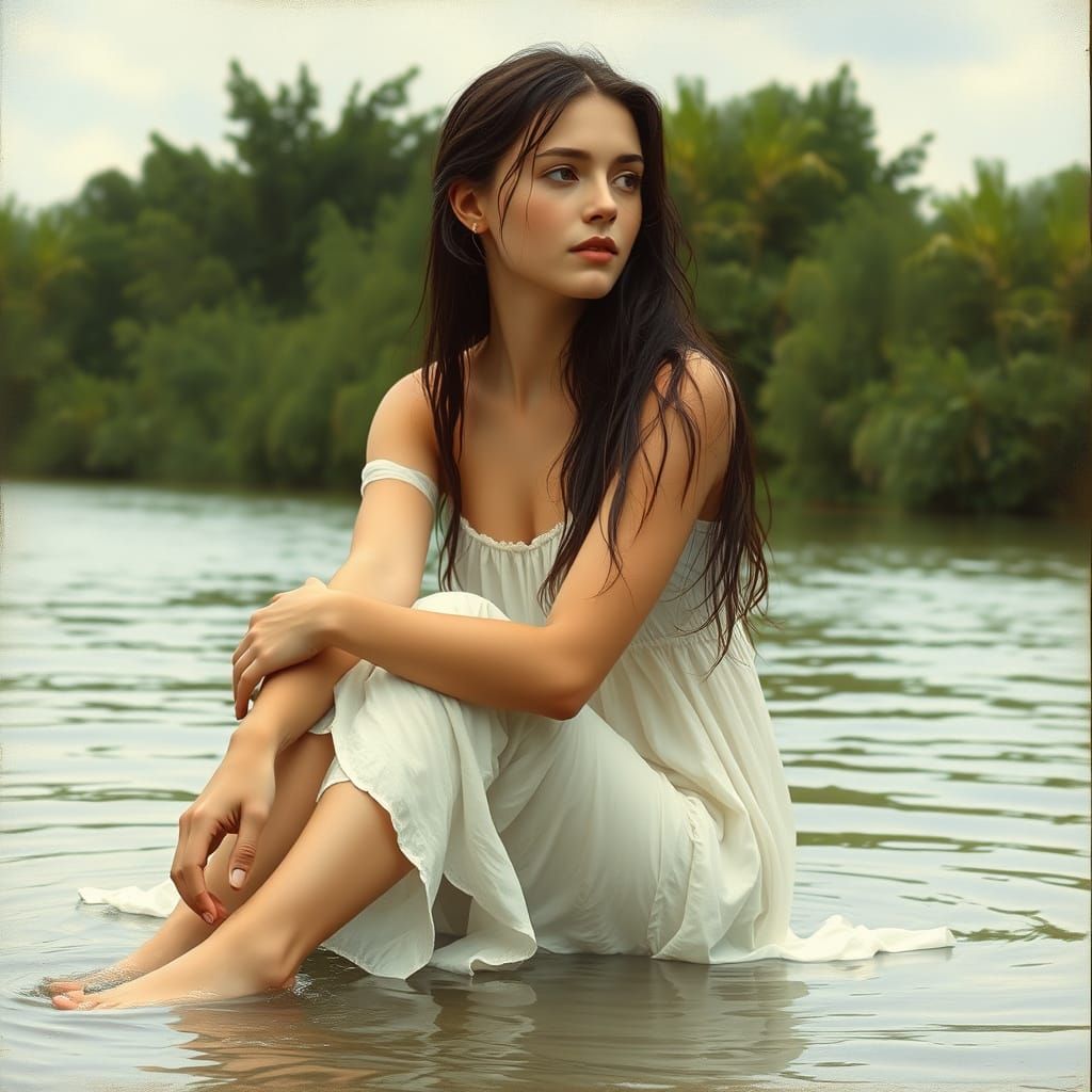 Woman by the Water: A Realistic Serene Scene