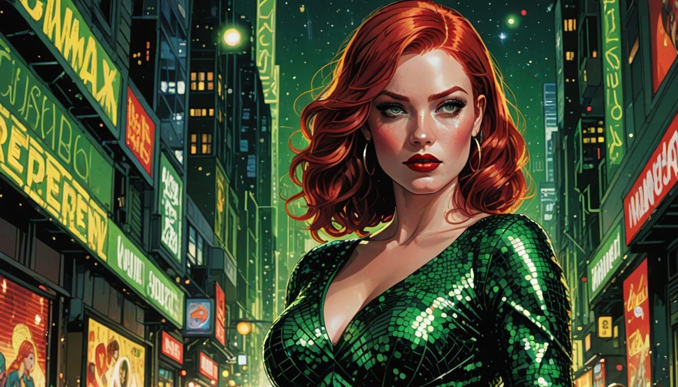 Red-Haired Woman in Sequins: A Comic Book Portrait