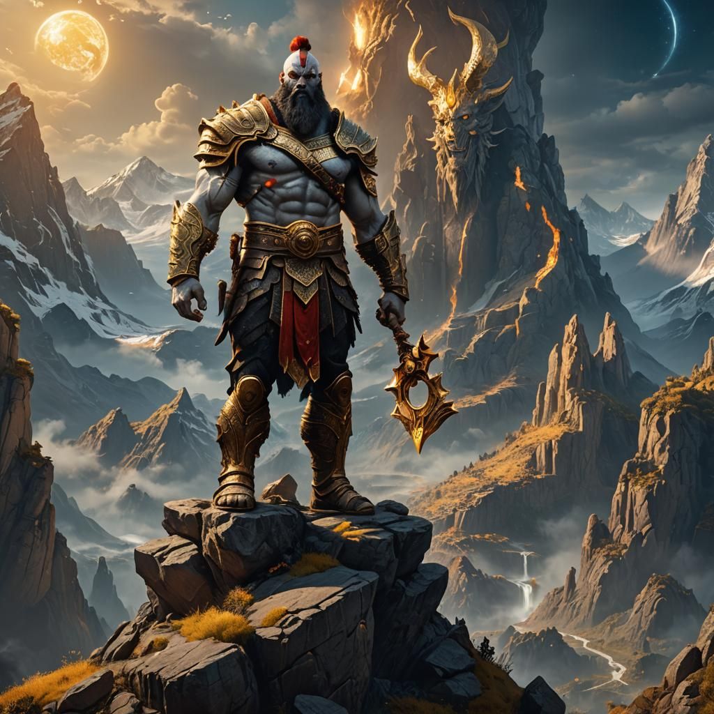 Majestic Celestial God of War in Fantasy Landscape