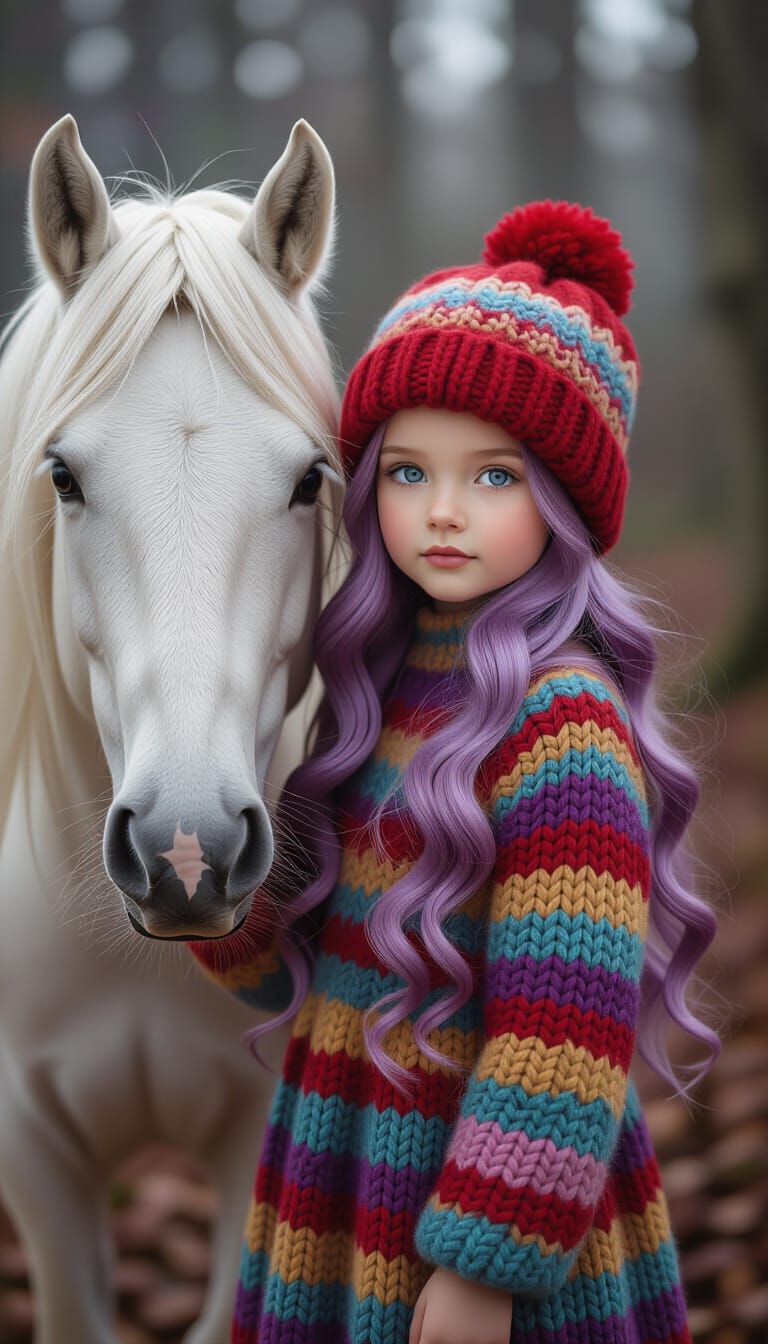 Girl with Lilac Hair and White Horse in Enchanted Forest