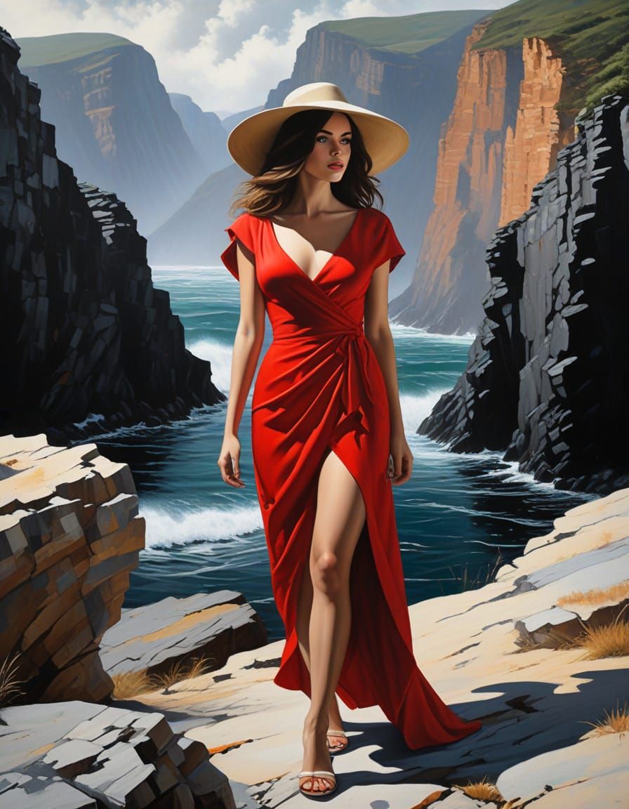 Elegant Woman on Cliff Edge in Dramatic Impasto Artwork