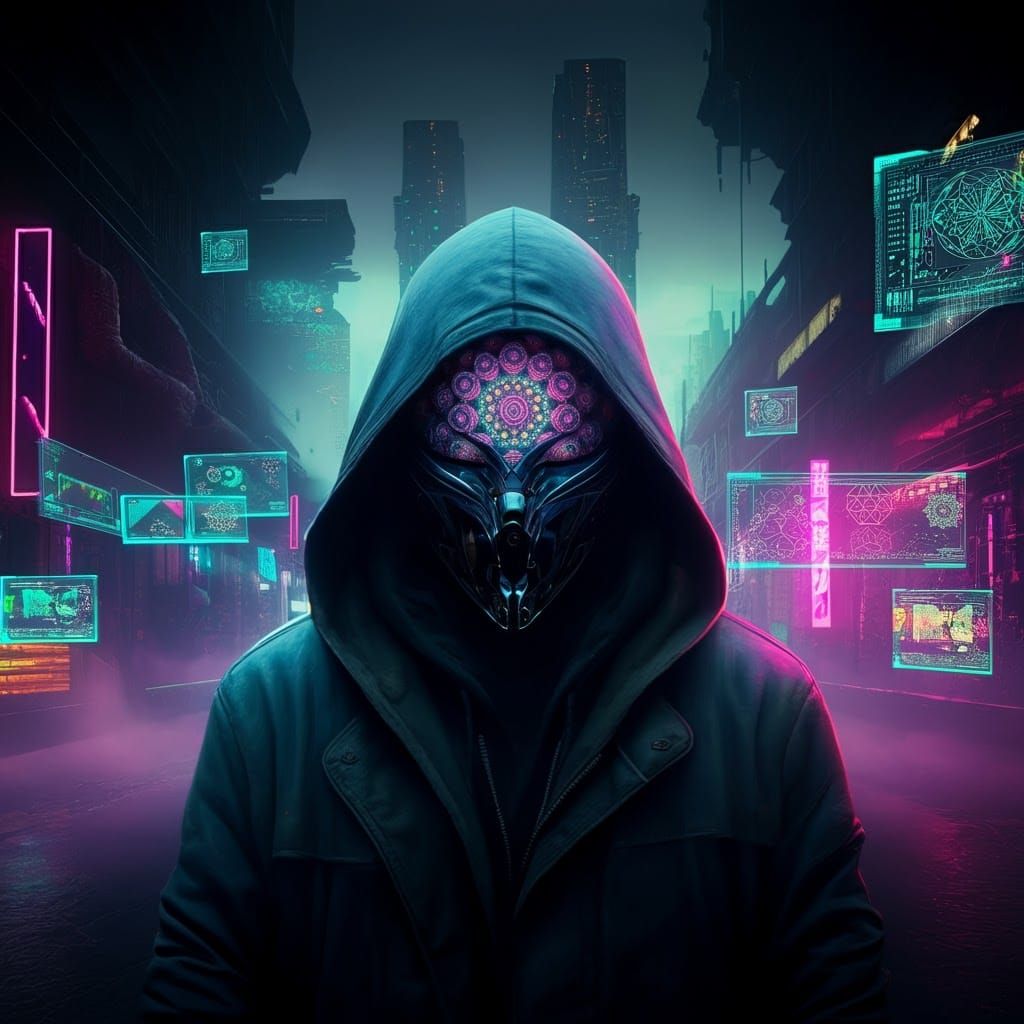 Neon Cyberpunk Cityscape with Masked Figure