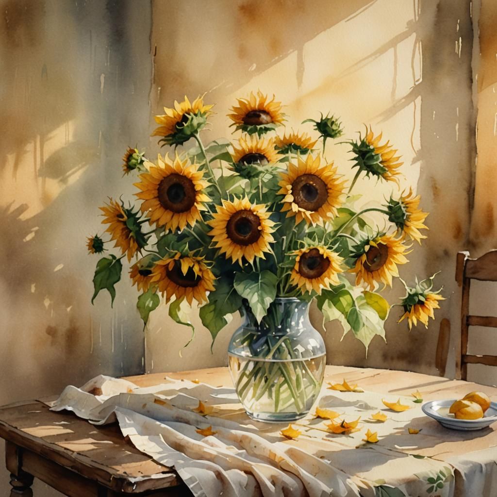 Sunflowers in Vase as Impressionist Watercolor Painting