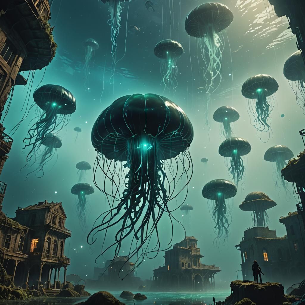 Bioluminescent Jellyfish in Underwater City