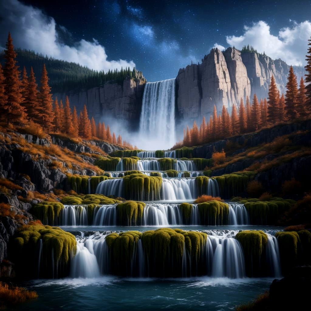 Giant Waterfall at Night: Starry Sky and Mossy Cascades