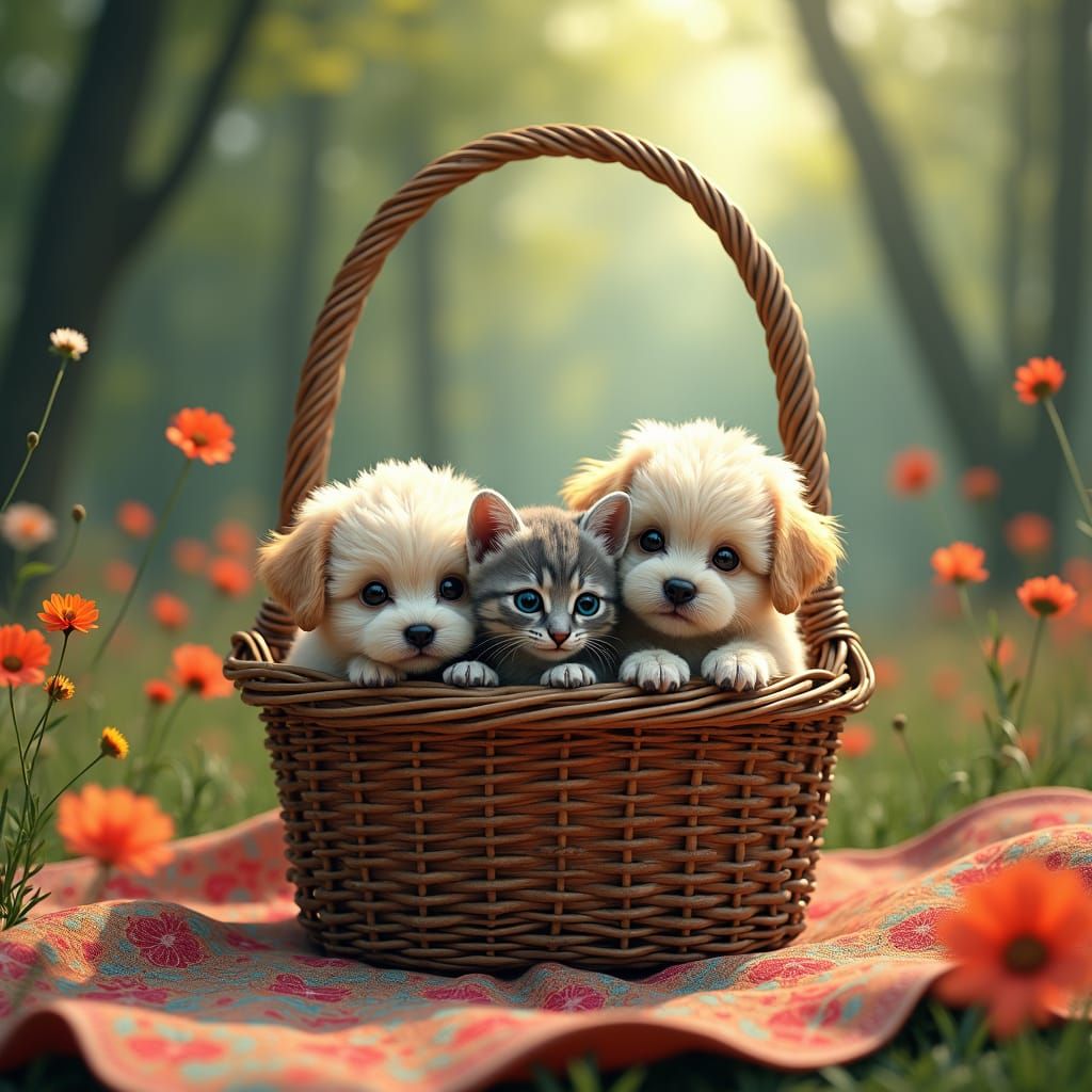 Cavapoo Puppies and Kittens in Whimsical Forest
