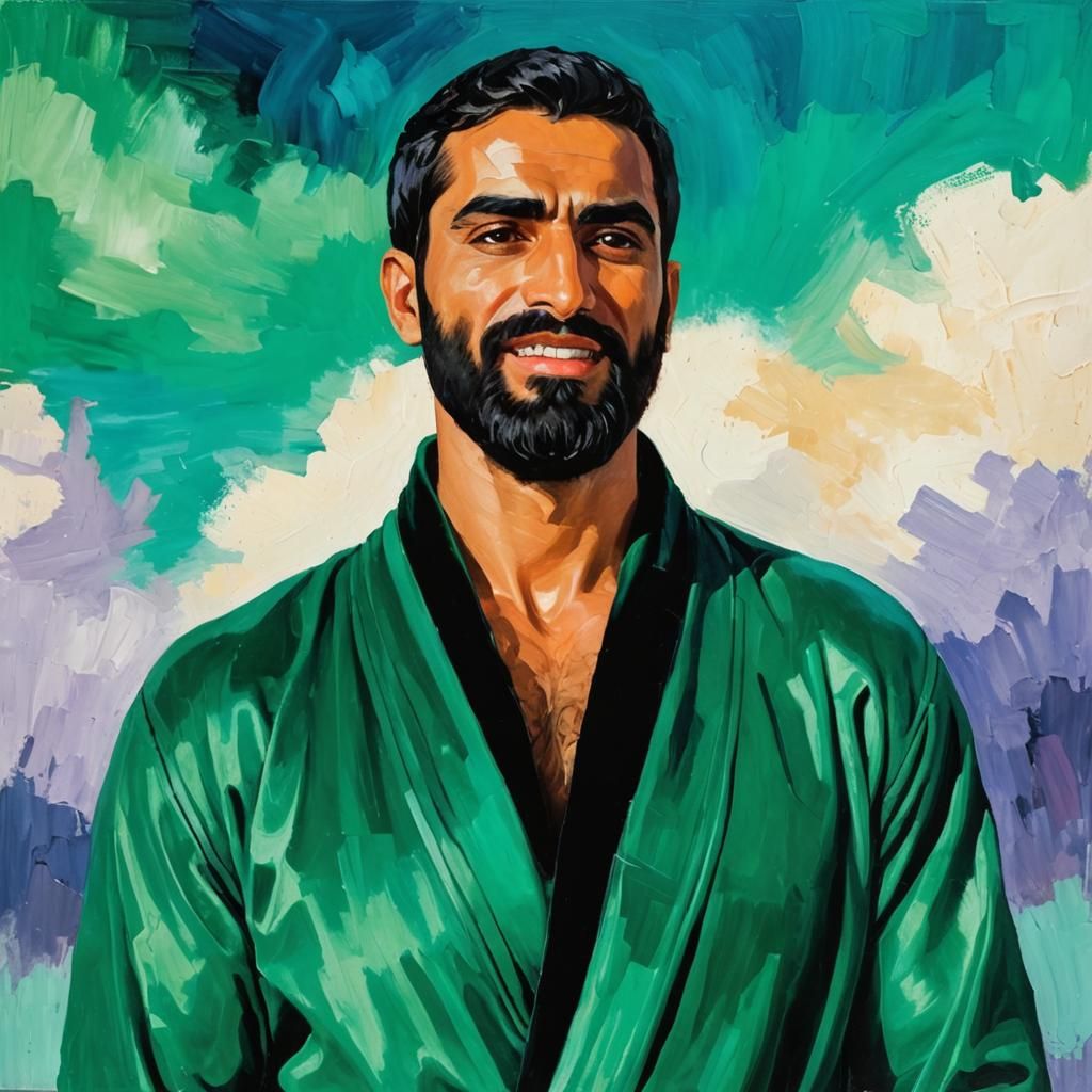 Angry Man in Green Robe: Neo-Impressionist Impasto Portrait