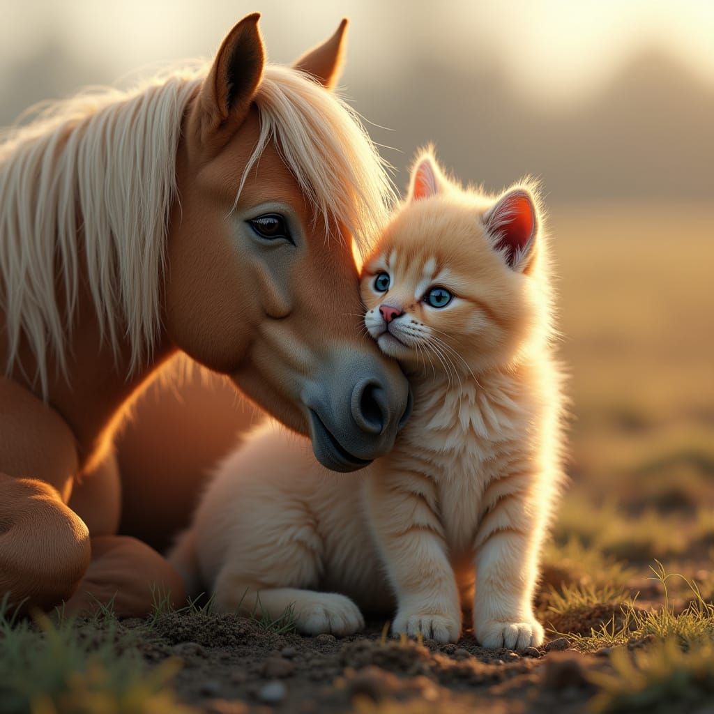 Persian Kitten and Palomino Foal Cuddle in Winter Wonderland