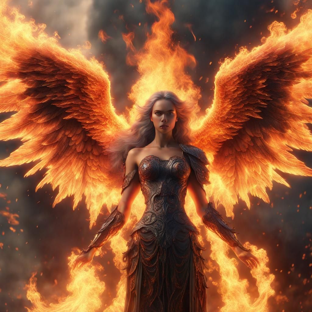 Flaming Winged Angel in Hyperrealistic Style