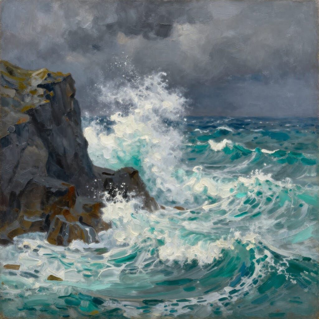 Oil Painting of Stormy Waves Crashing on Dark Cliffs
