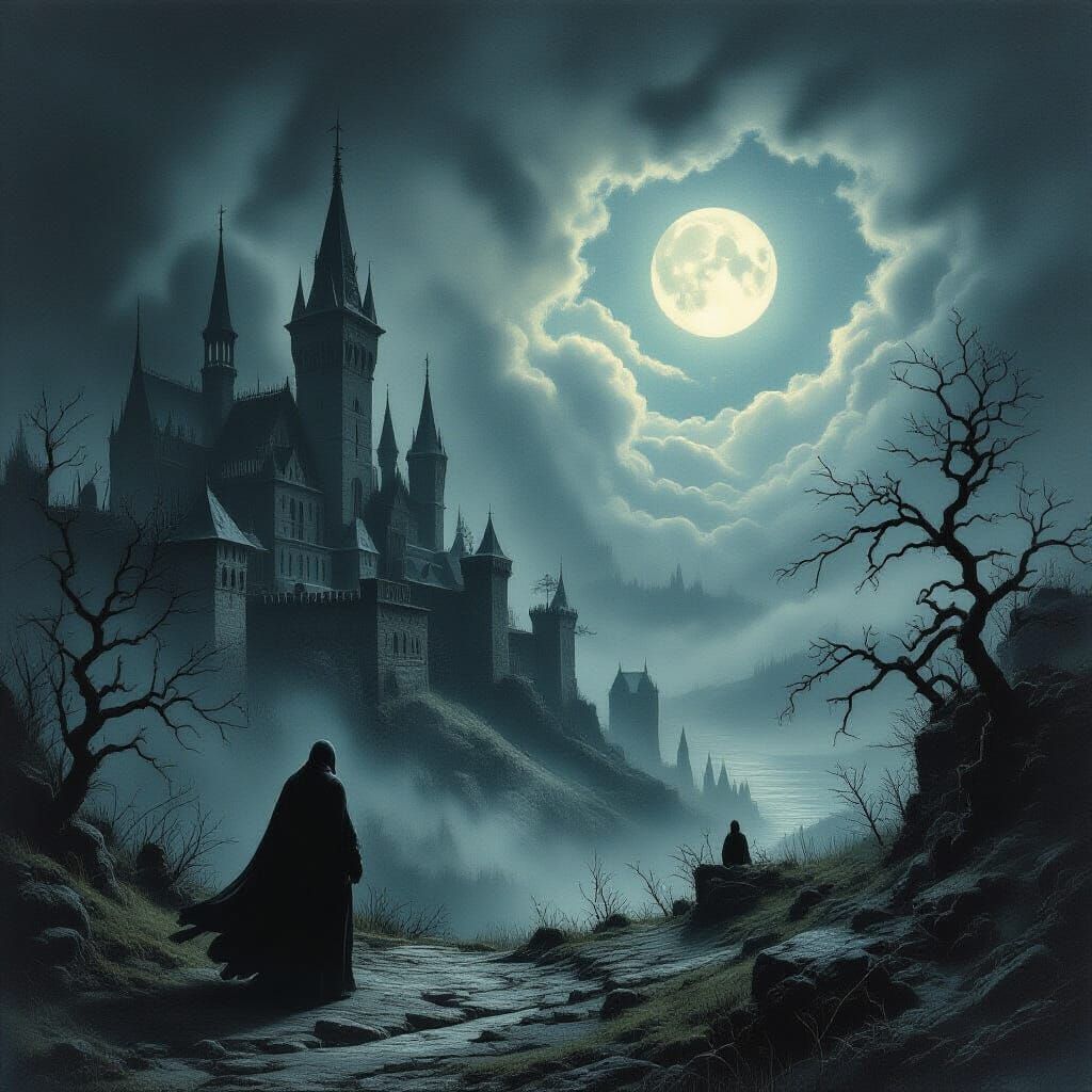 Ominous Darkness in Haunting Etching Style