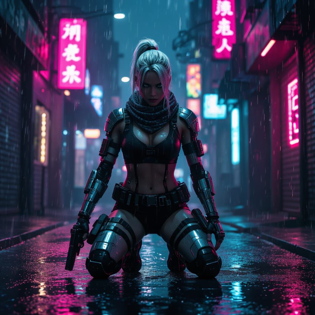 Cyberpunk Warrior in Neon Alley