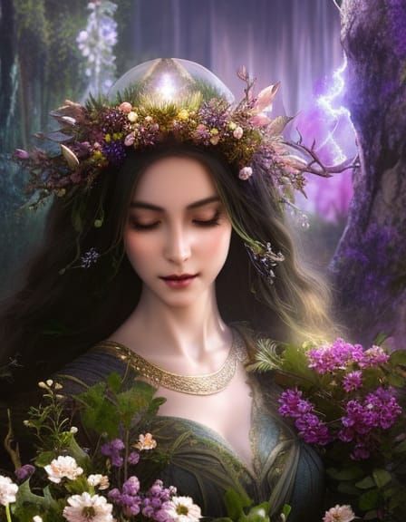 Ethereal Elf Bride Picking Wildflowers at Night