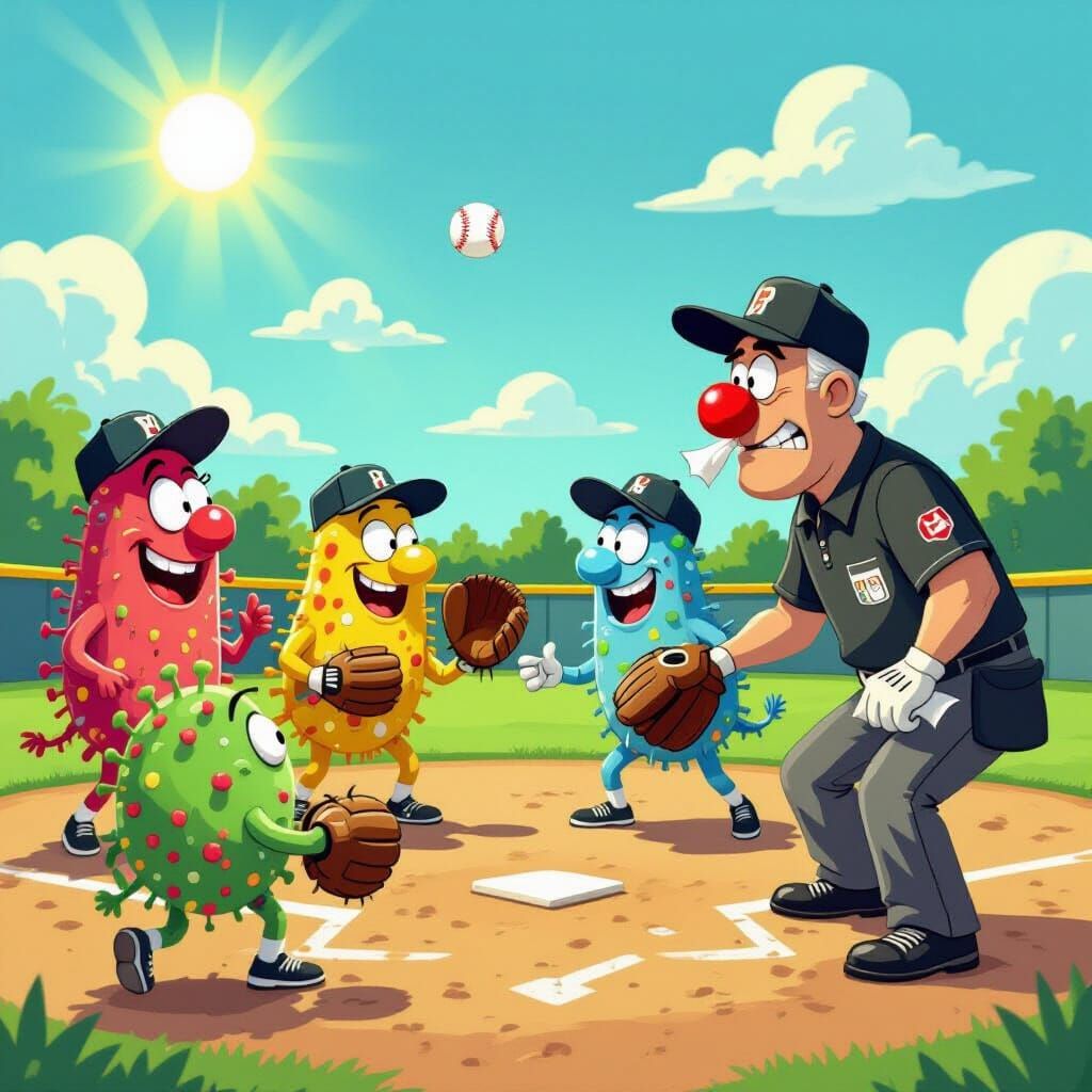 Microbes Play Baseball in Cartoon Style