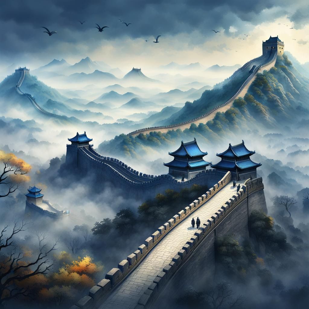 Misty Watercolor Painting of the Great Wall