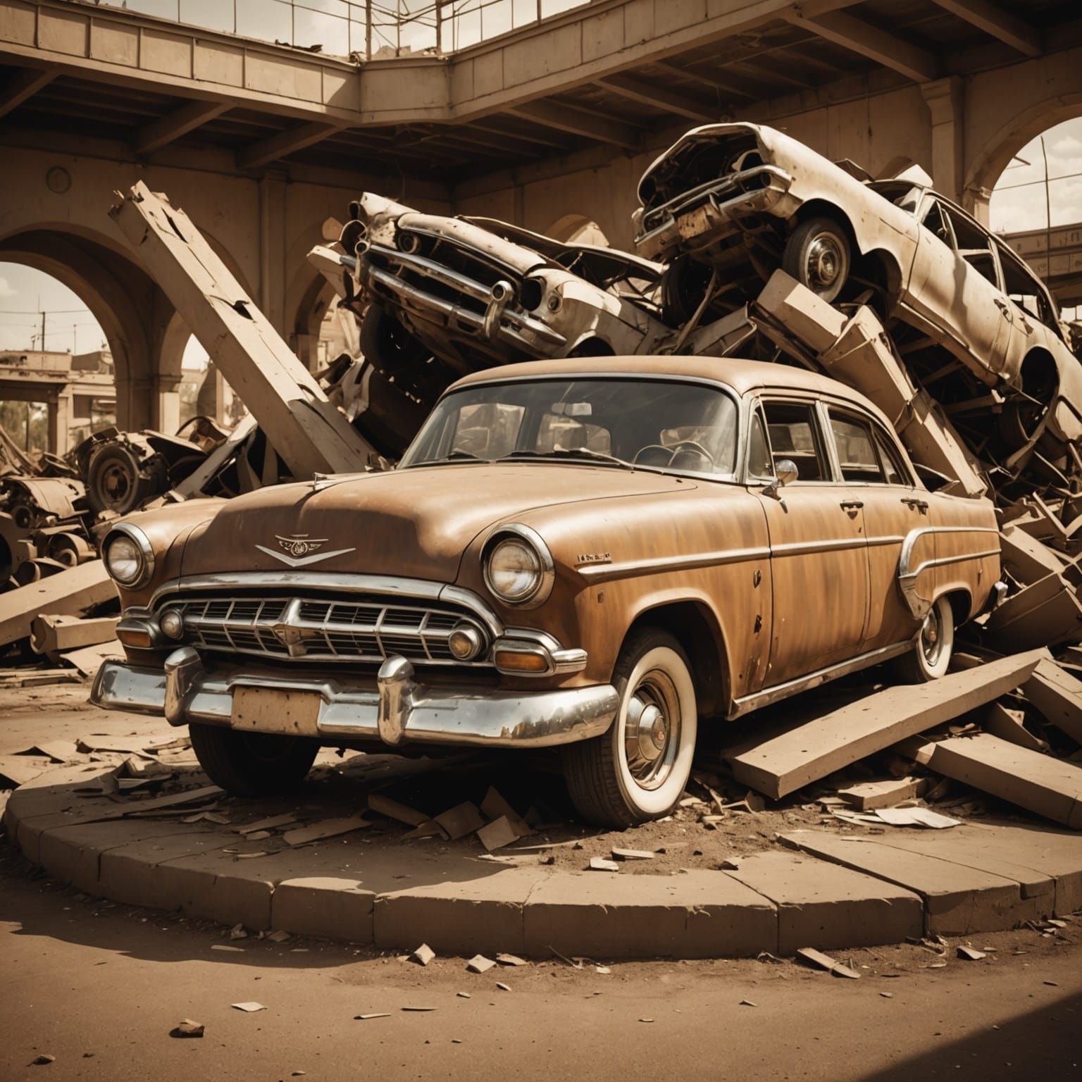 Vintage Photo of Car Crashed into Giant Sculpture
