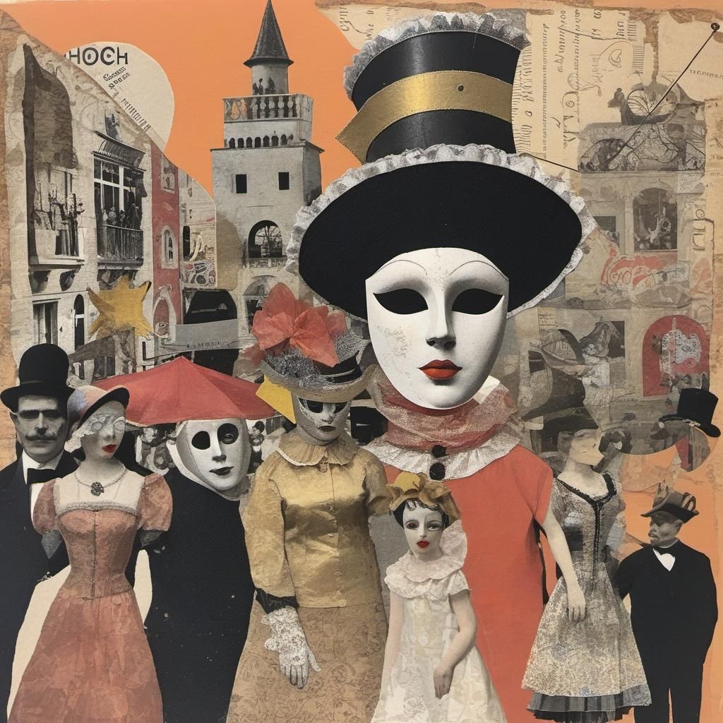 Venice carnival. Collage on paper, in the style of Hannah Höch