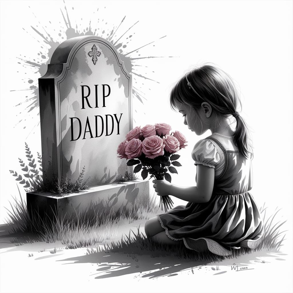 Little Girl at Father's Grave: Moody Watercolor