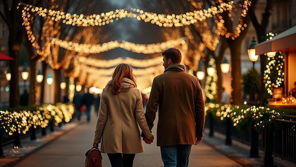 Romantic Winter Night in Park with Bokeh Lights