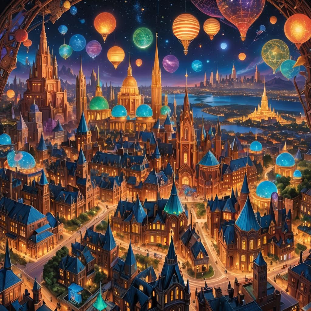 Mystical Cityscape Map with Inventors in Neon-Lit Style