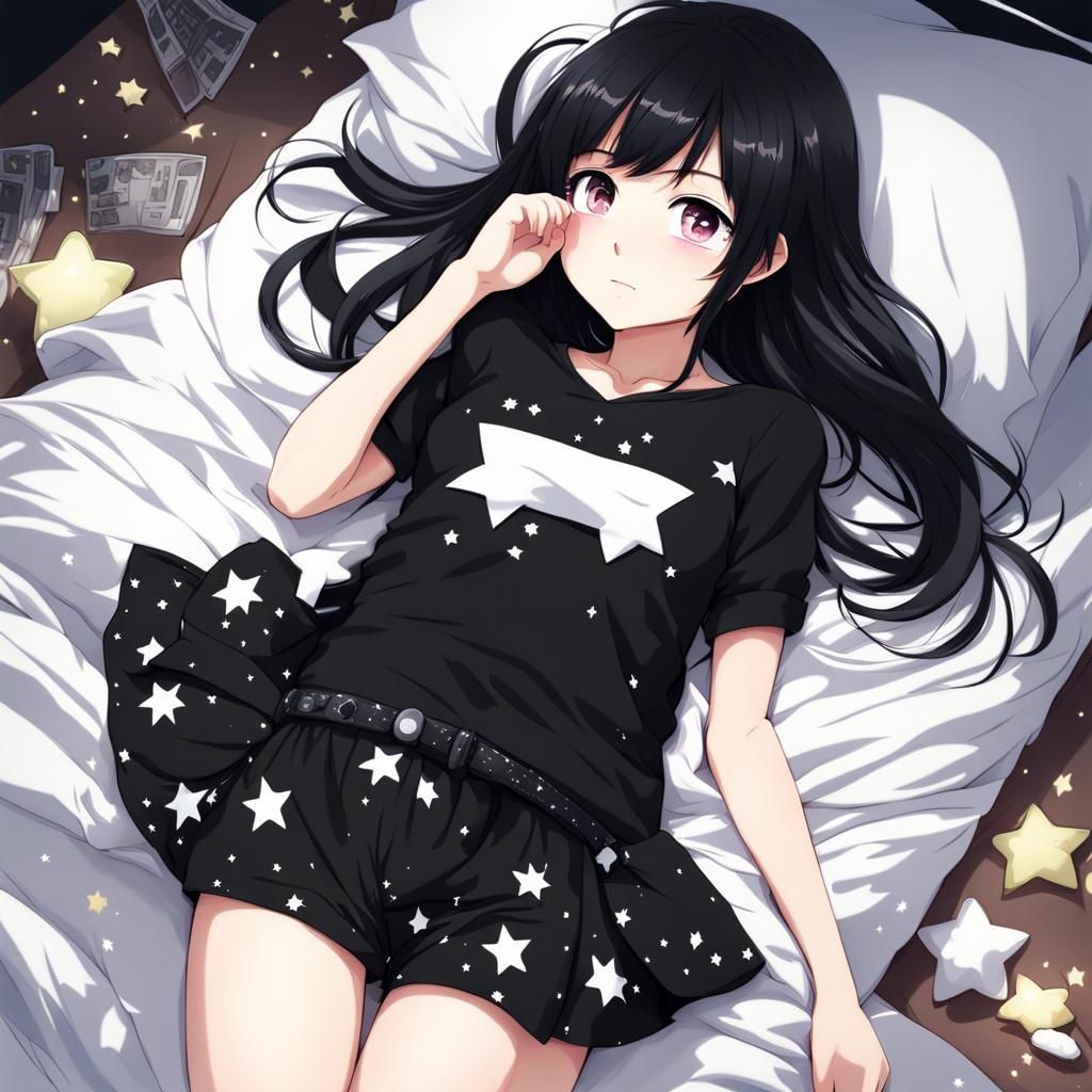 Chibi Anime Girl on Bed in Manga Style