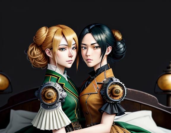 Kemono Twin Sisters Kissing in Steampunk Anime Style
