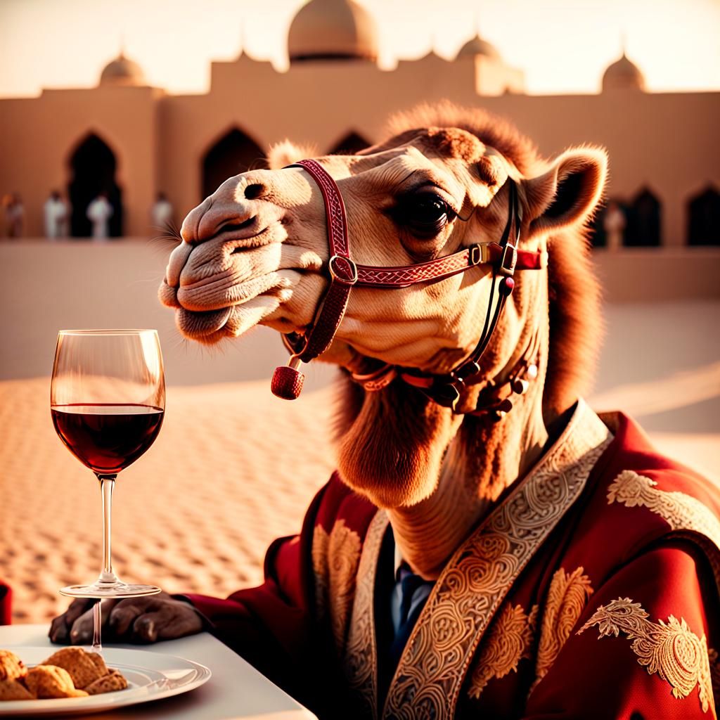 Wealthy Camel Sipping Wine in Dubai: Cinematic Still