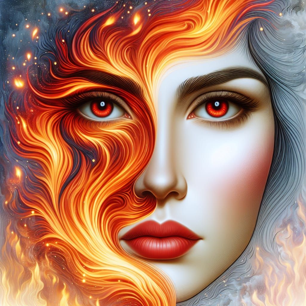 Surreal Woman Merging with Fire