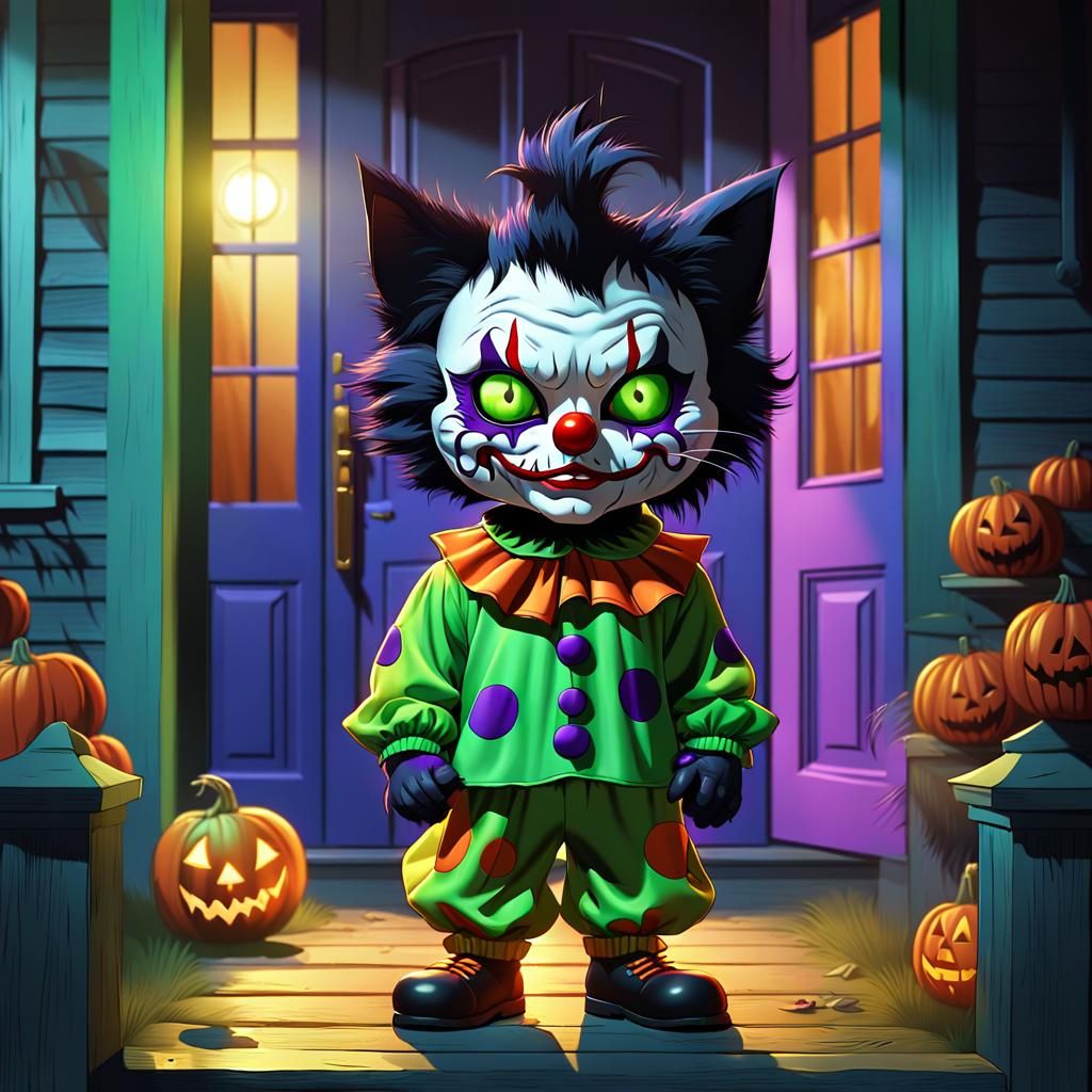 Kitten Clown on Halloween in Stylized 3D Art