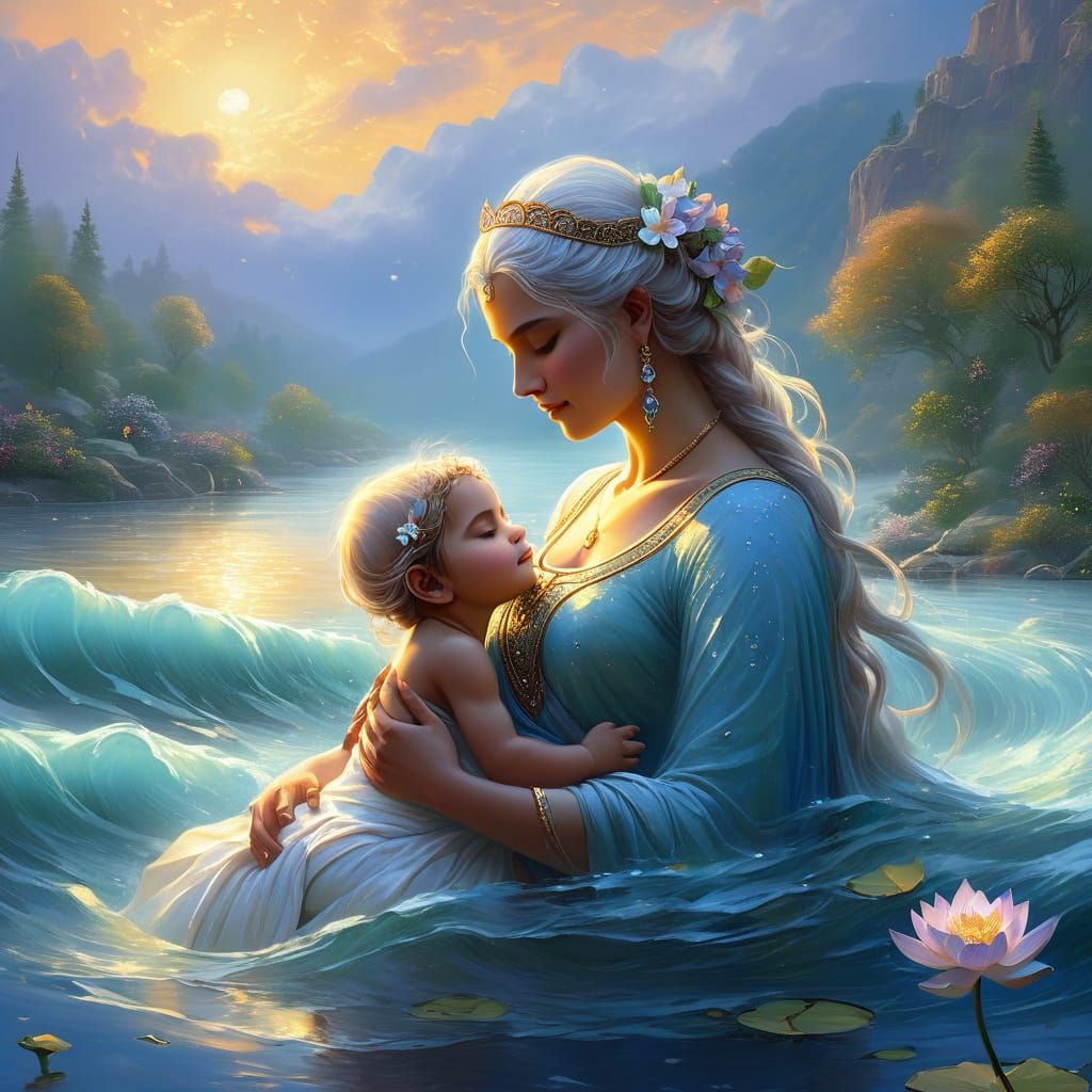 Goddess Ganga Cradling Bhishma in Ethereal Twilight