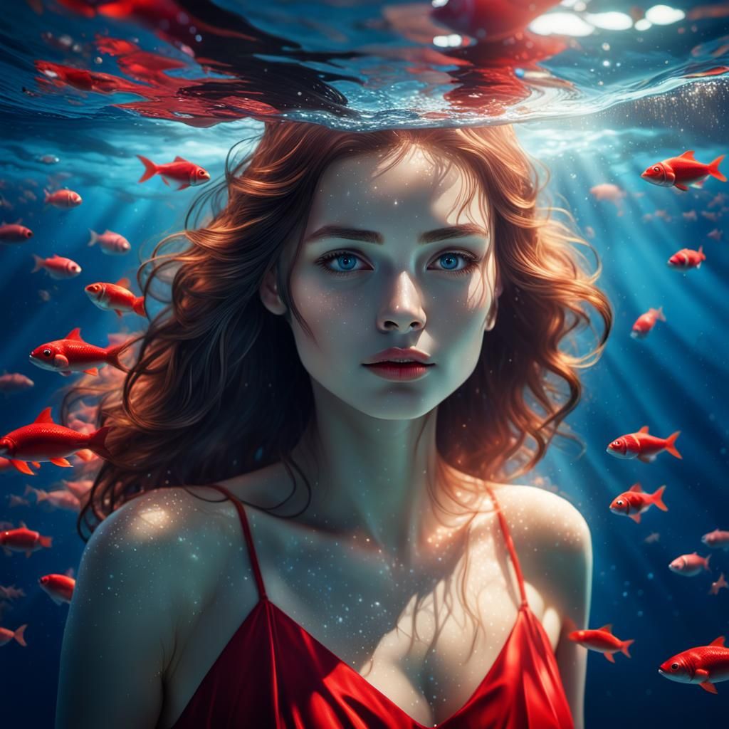 Woman in Red Dress Swimming in Ocean: Digital Art