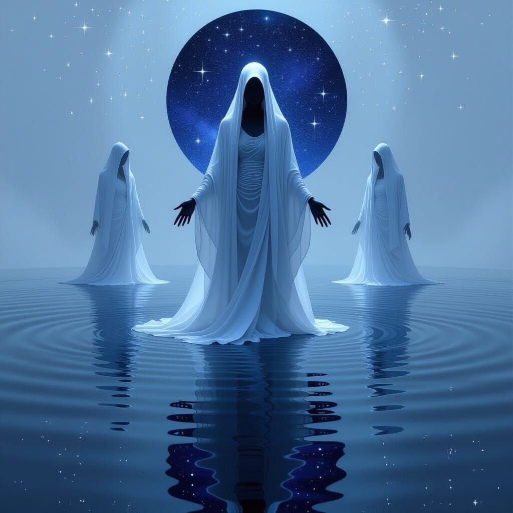 Faceless Witch with Constellations Above Black Glass Lake