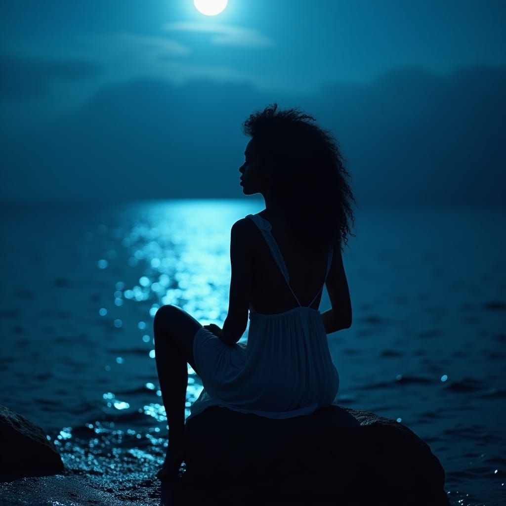 Moonlit Silhouette: Woman by the Ocean
