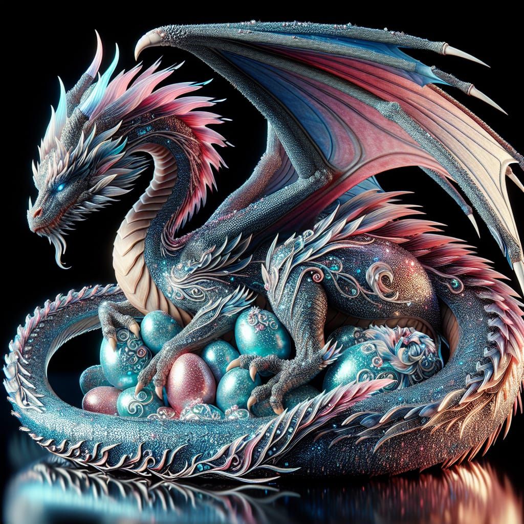 imagine a glittering blue and pink mother dragon with perfect wings coiled around her eggs. The creature resembles a tra...