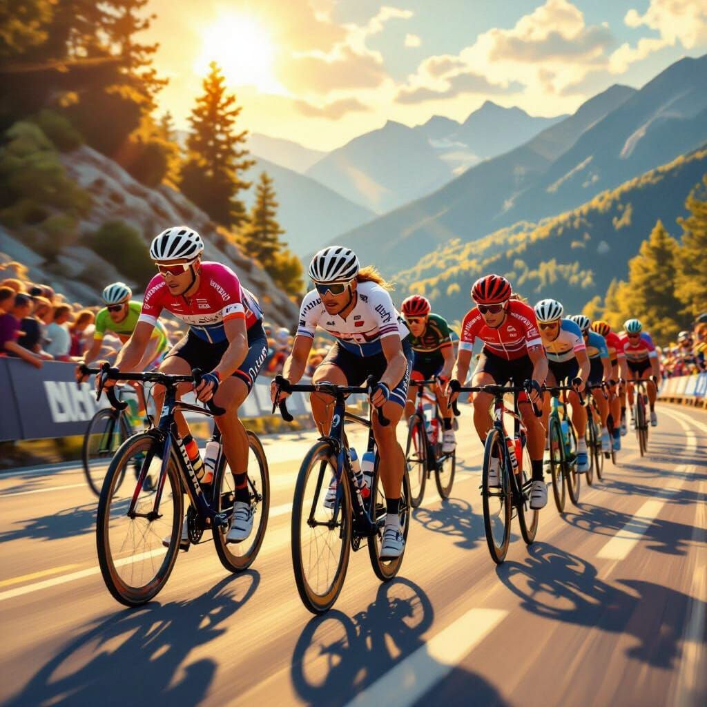 Dynamic Cycling Marathon in Golden Hour Mountain Landscape