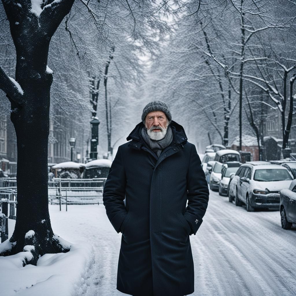 German Man Stands in the Snow