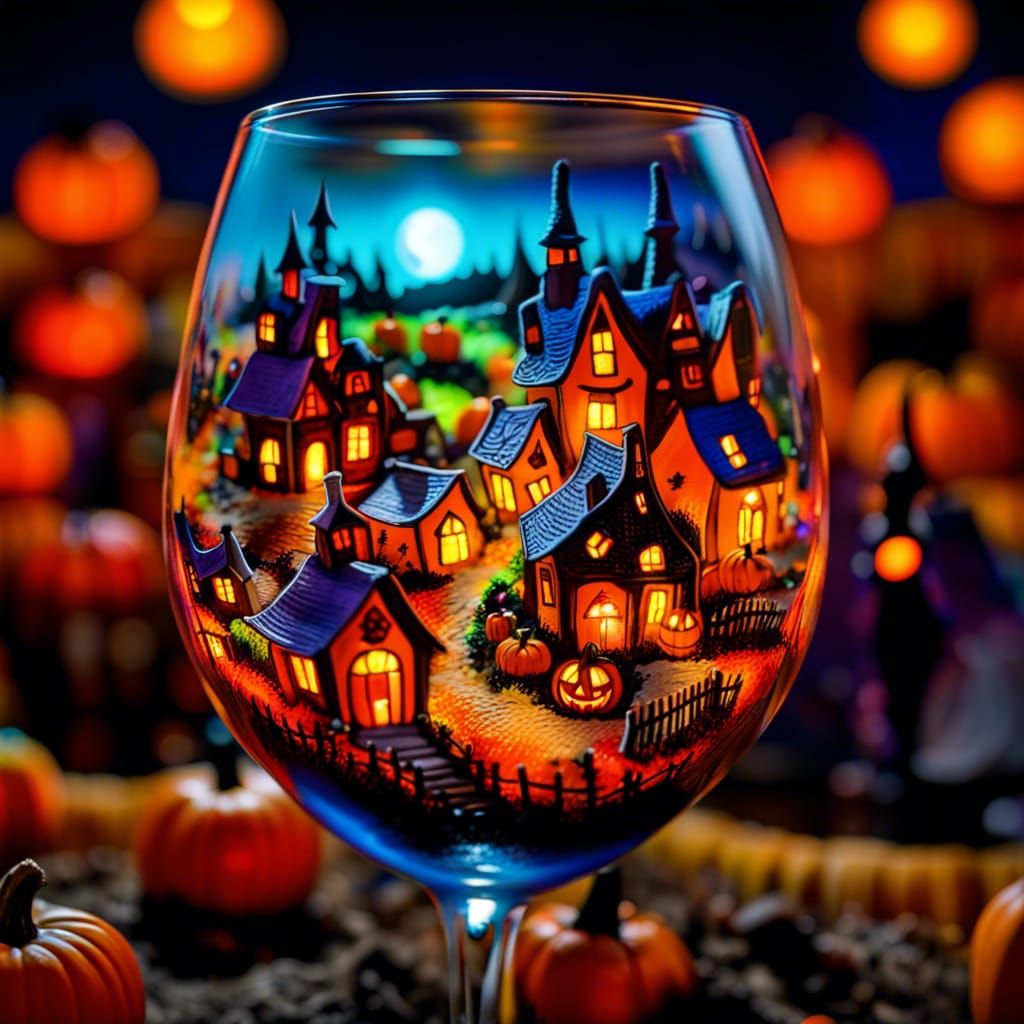 Halloween Village in Wine Glass, Hyperrealistic Art