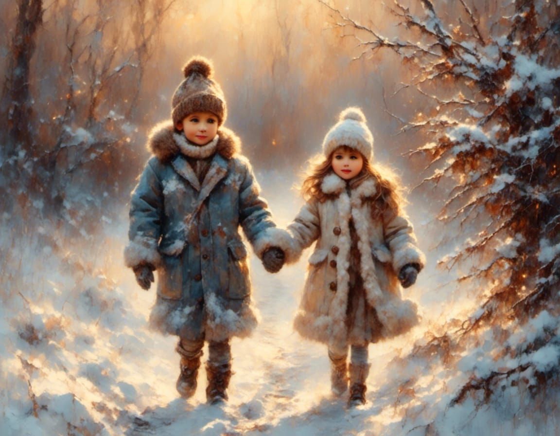 Nostalgic Holiday Portrait of Children in Winter Snow